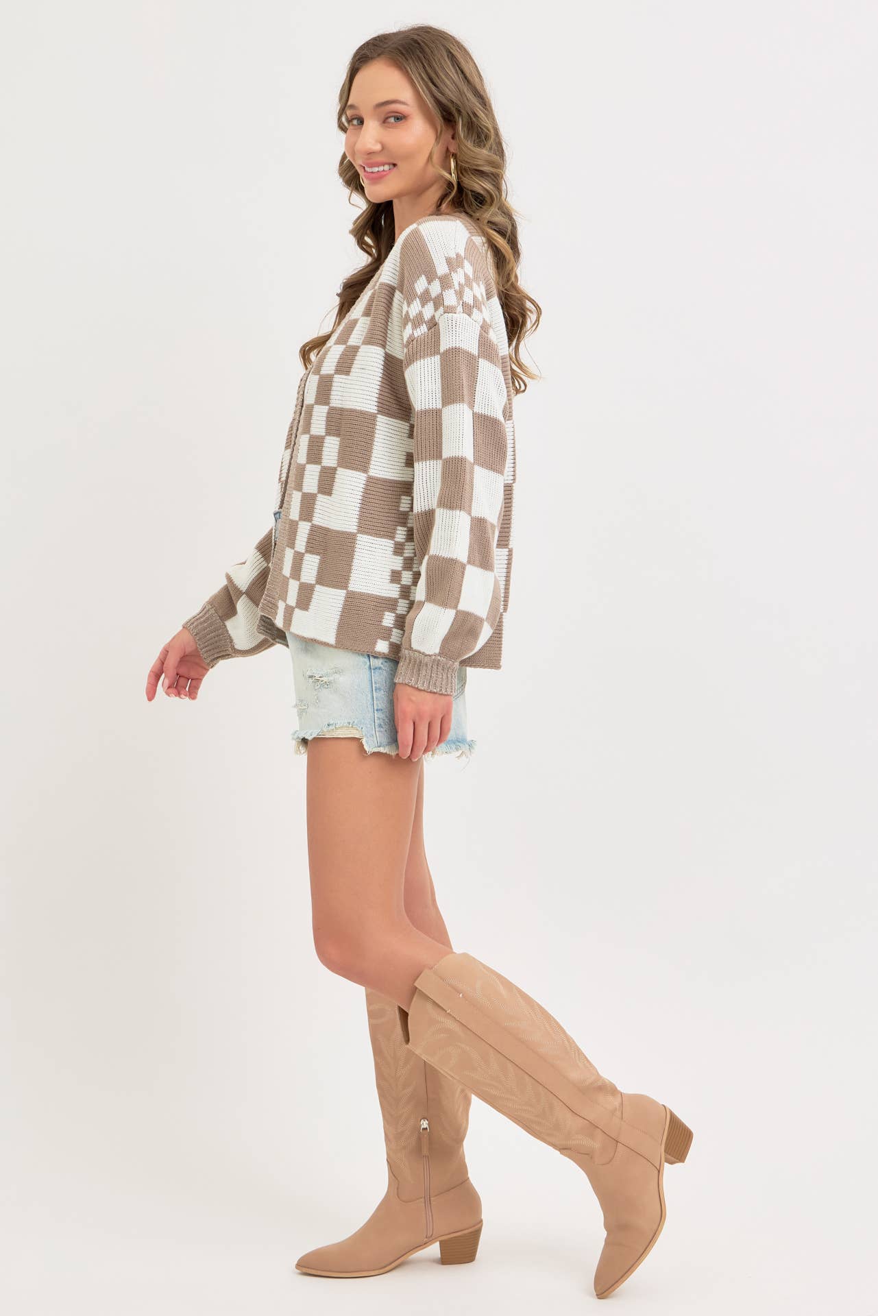 MIXED CHECKERED KNIT OPEN FRONT CARDIGAN