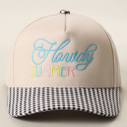 Howdy Summer Embroidered Gingham Brim Trucker Hat