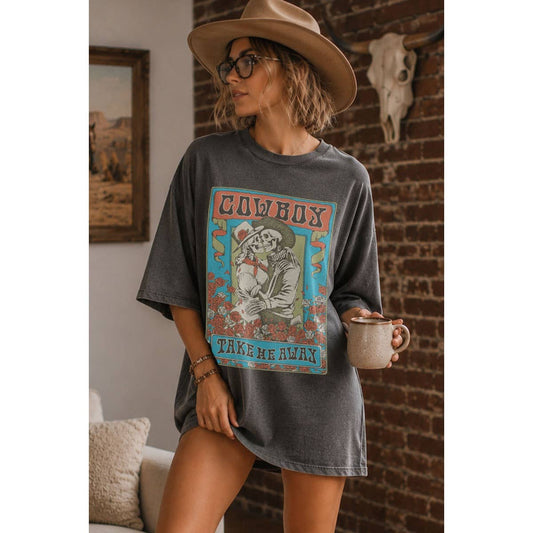 COWBOY TAKE ME AWAY OVERSIZED MINERAL GRAPHIC TEE
