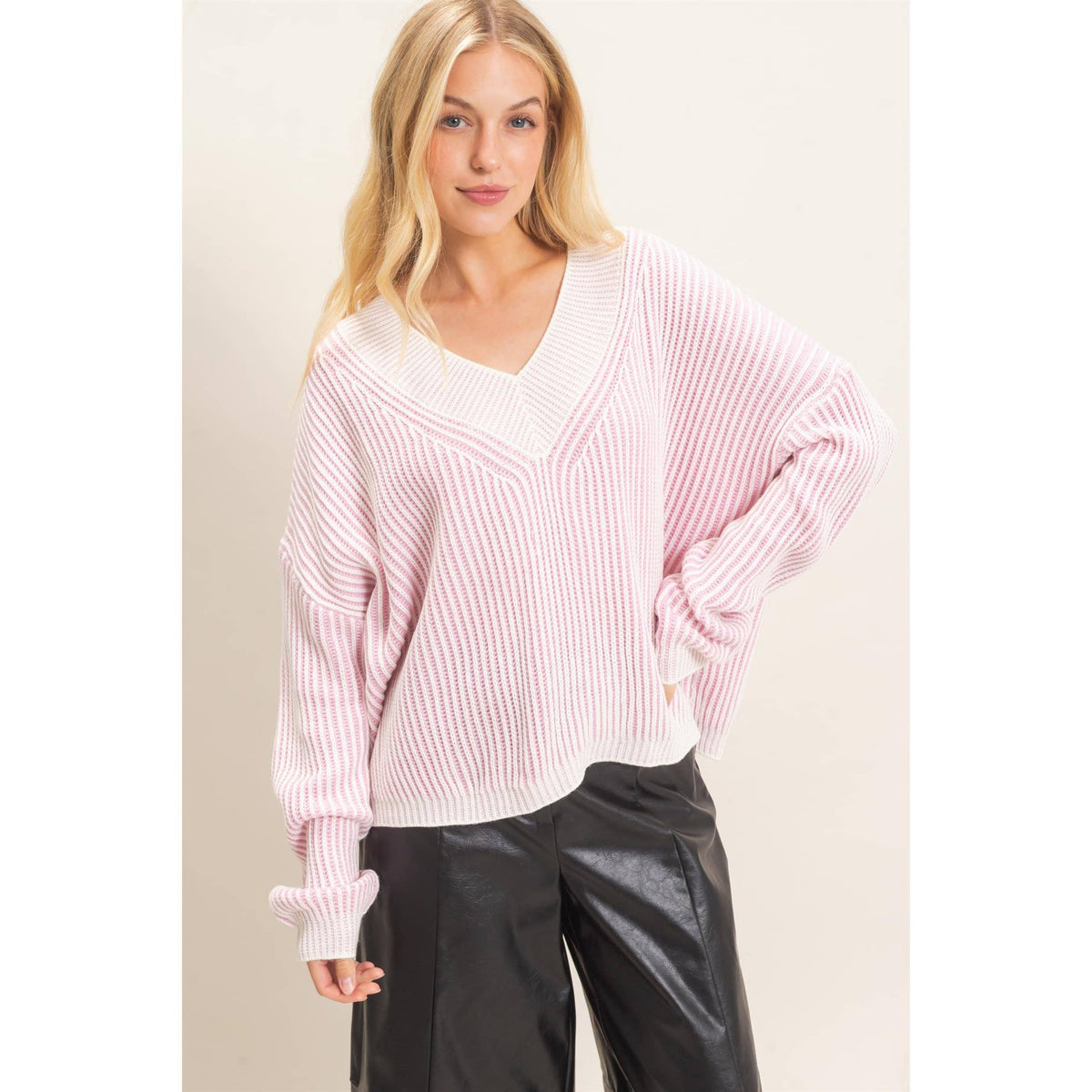 Striped V-Neck Ribbed Sweater