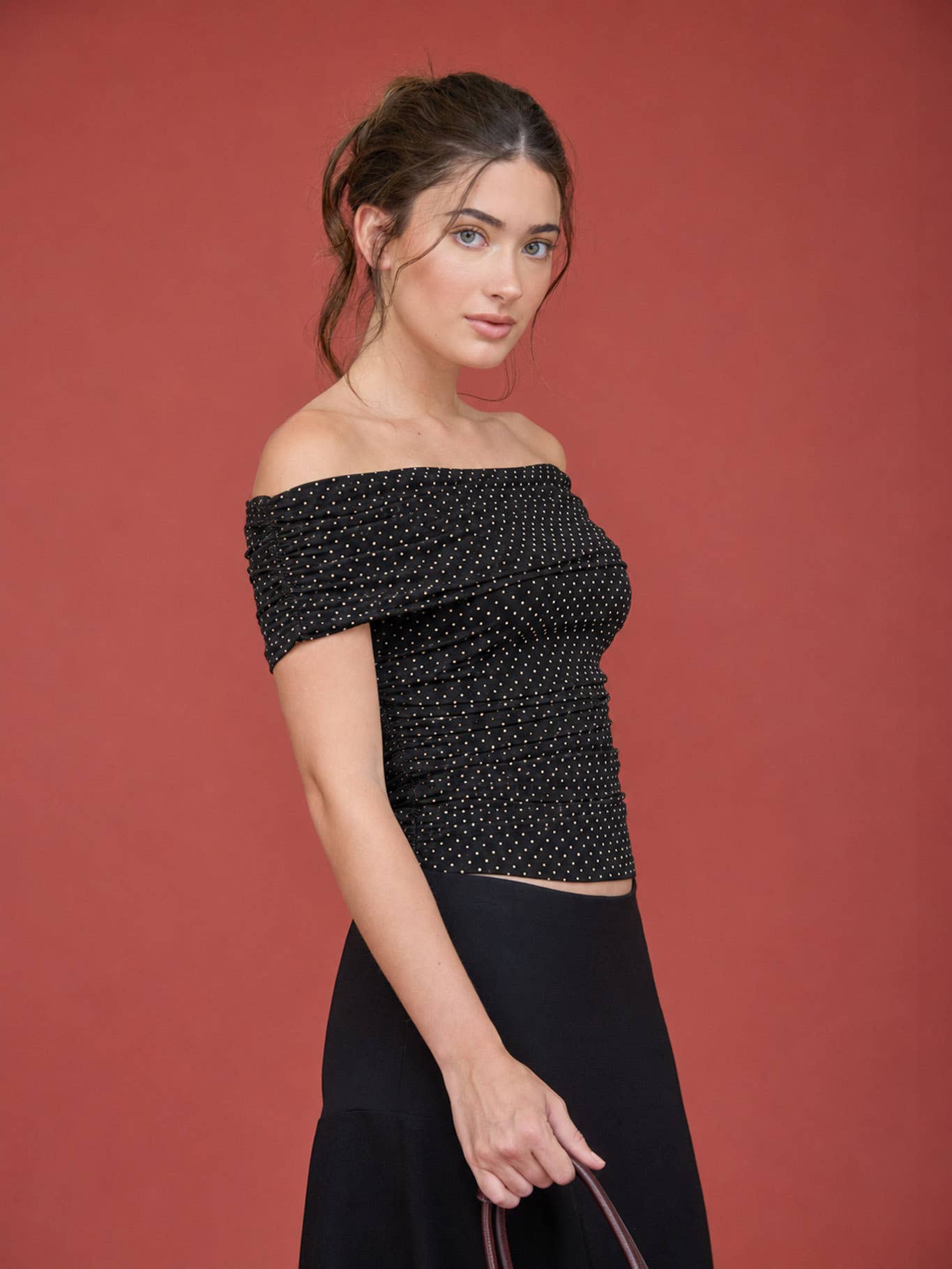 POLKA DOT MESH OFF THE SHOULDER KNIT TOP