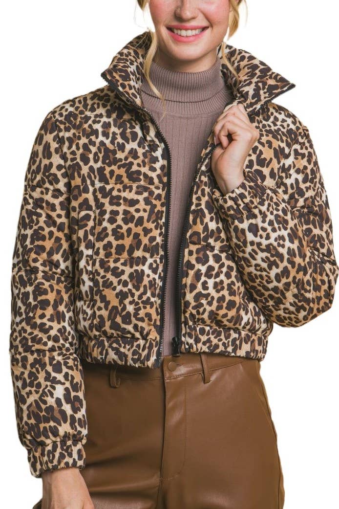 Leopard Print Bomber Puffer Jacket