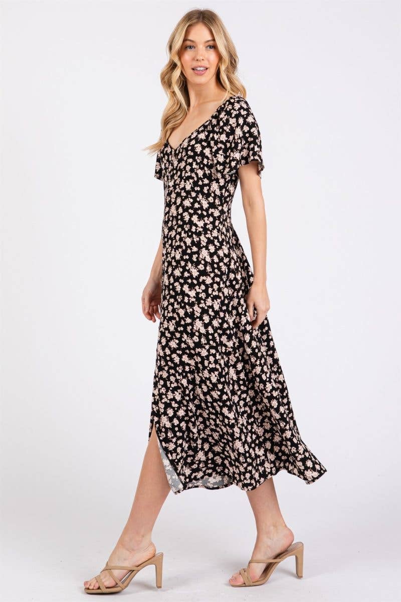 Ditzy Printed Princess Neckline Flare Sleeve Midi