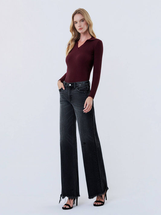 JANE MID RISE DISTRESSED HEM BLACK WIDE LEG  JEANS T7320BK