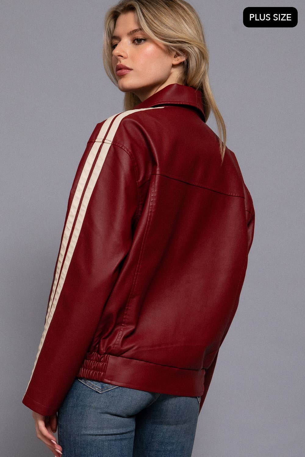 [PLUS SIZE] Long Sleeve Line Detail Faux Leather Jacket