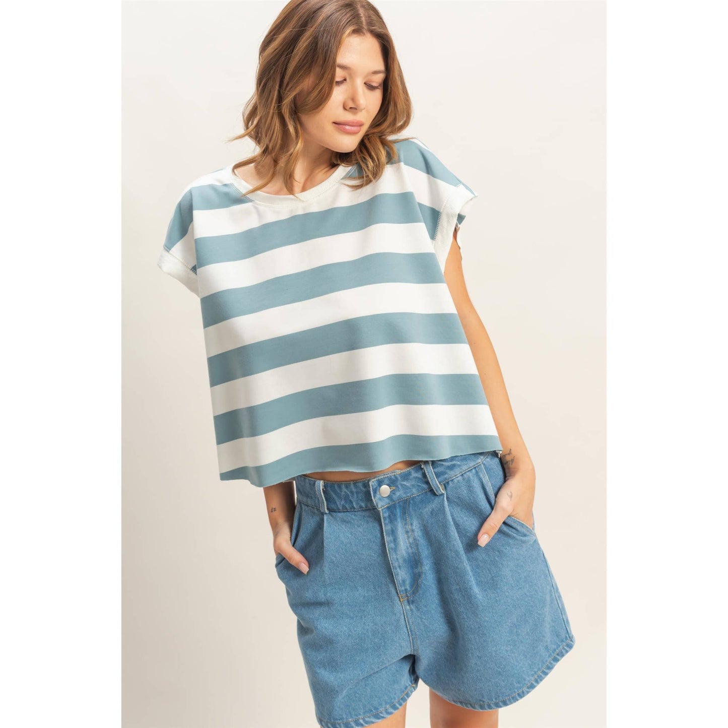 Striped open backCrew Neck Top