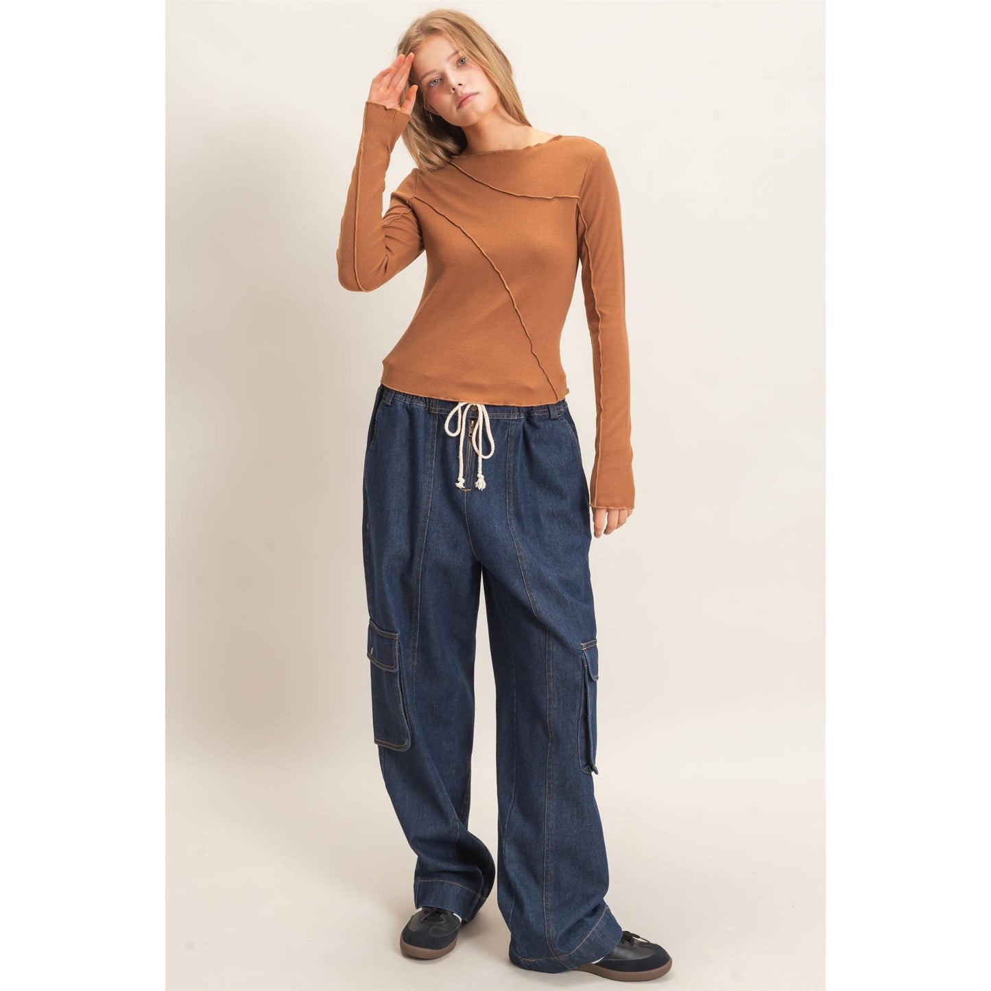 Ruffled Ribbed Long Sleeve Top