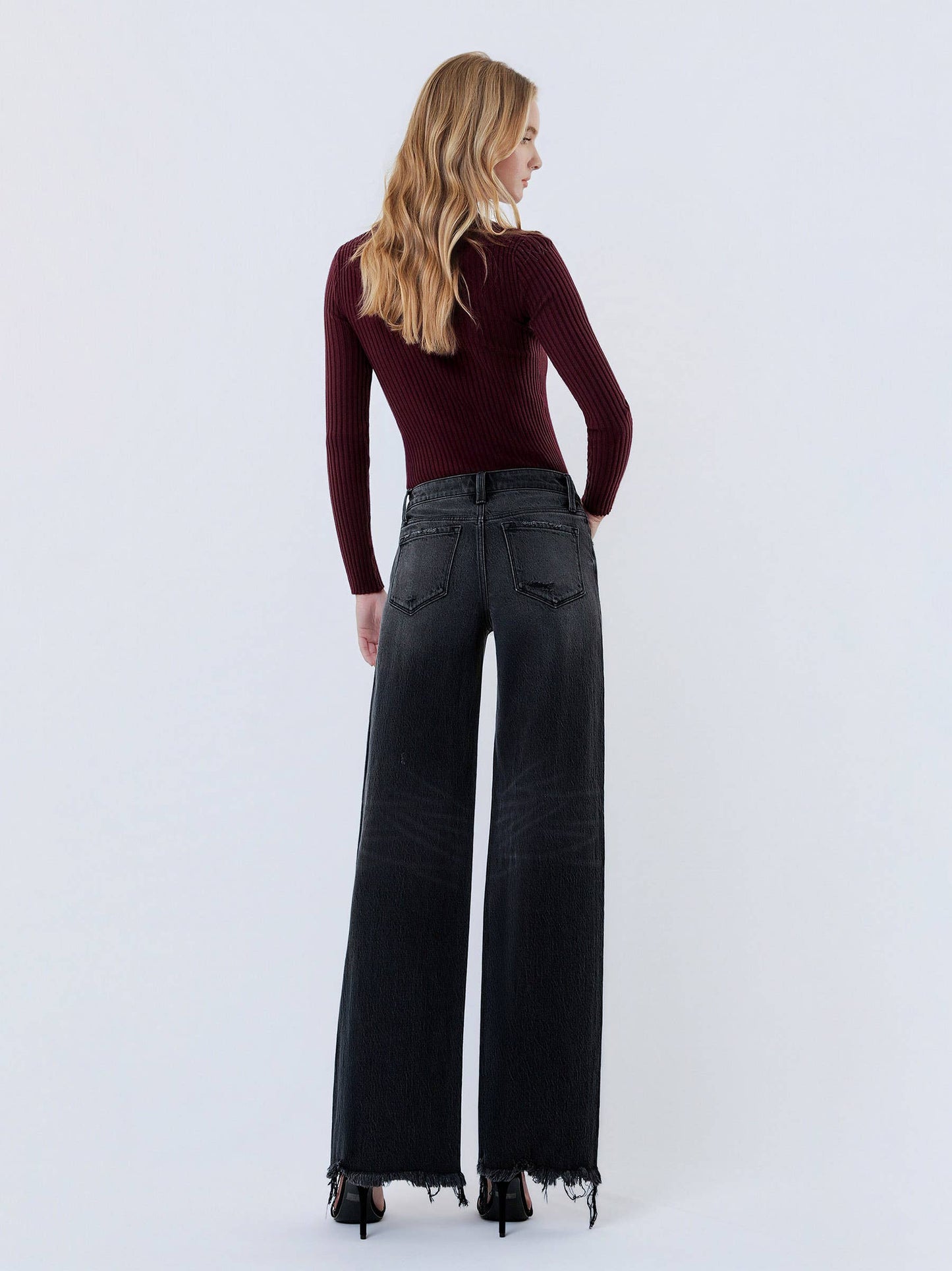 JANE MID RISE DISTRESSED HEM BLACK WIDE LEG  JEANS T7320BK