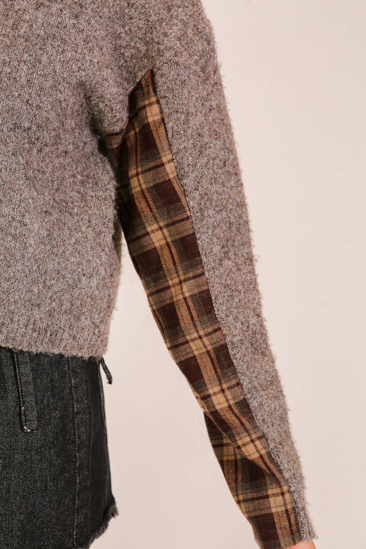 Plaid Contrast Sleeve Mock Neck Sweater