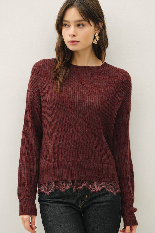 SCALLOPED LACE HEM CREW NECK WOOL BLENDED SWEATER
