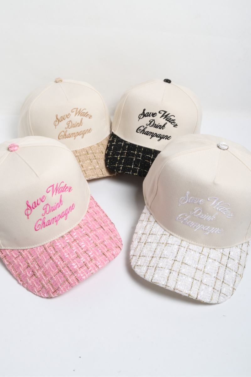 SAVE WATER DRINK CHAMPAGNE embroidered tweed brim cap