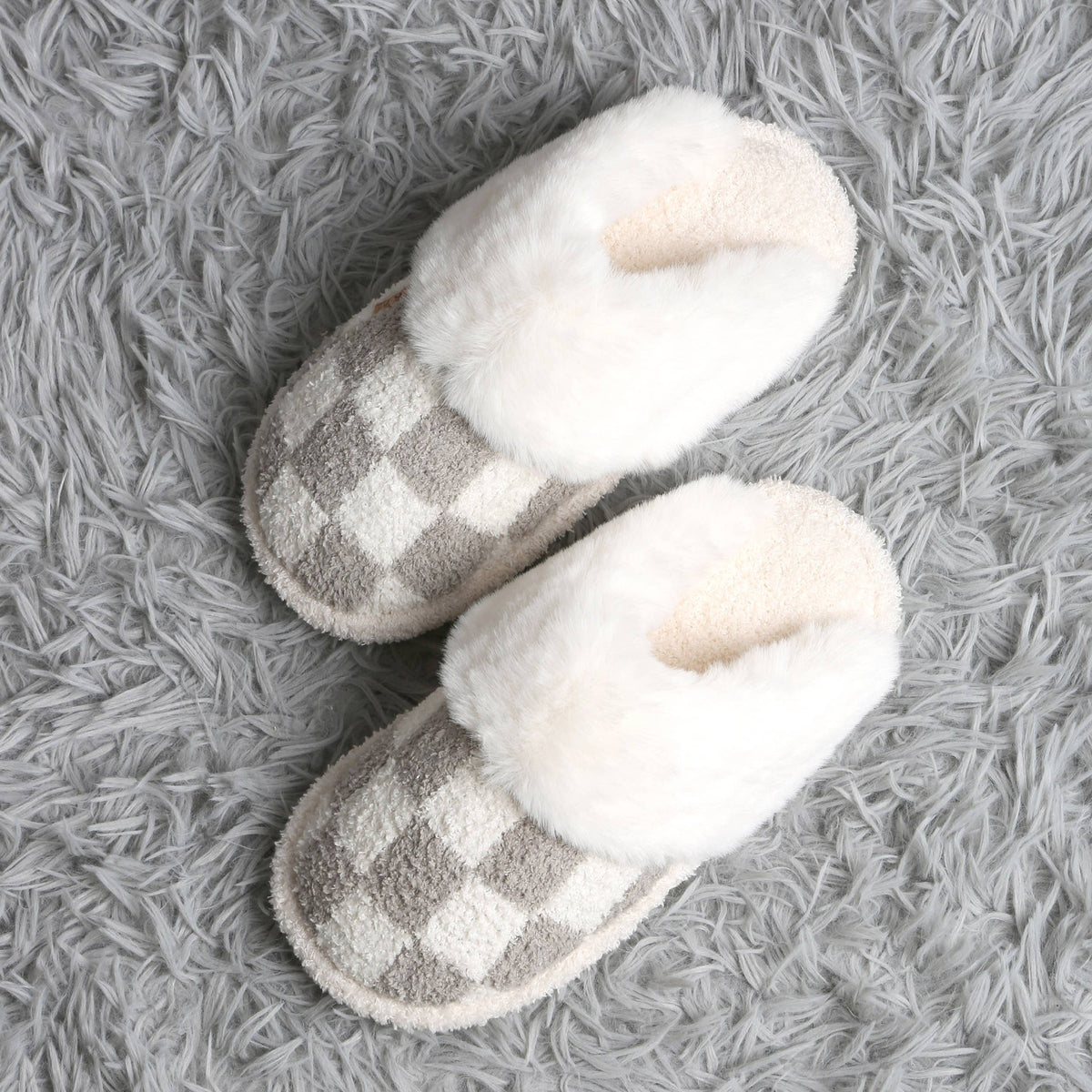 Checkered Faux Fur Cuff Mule Winter Slippers