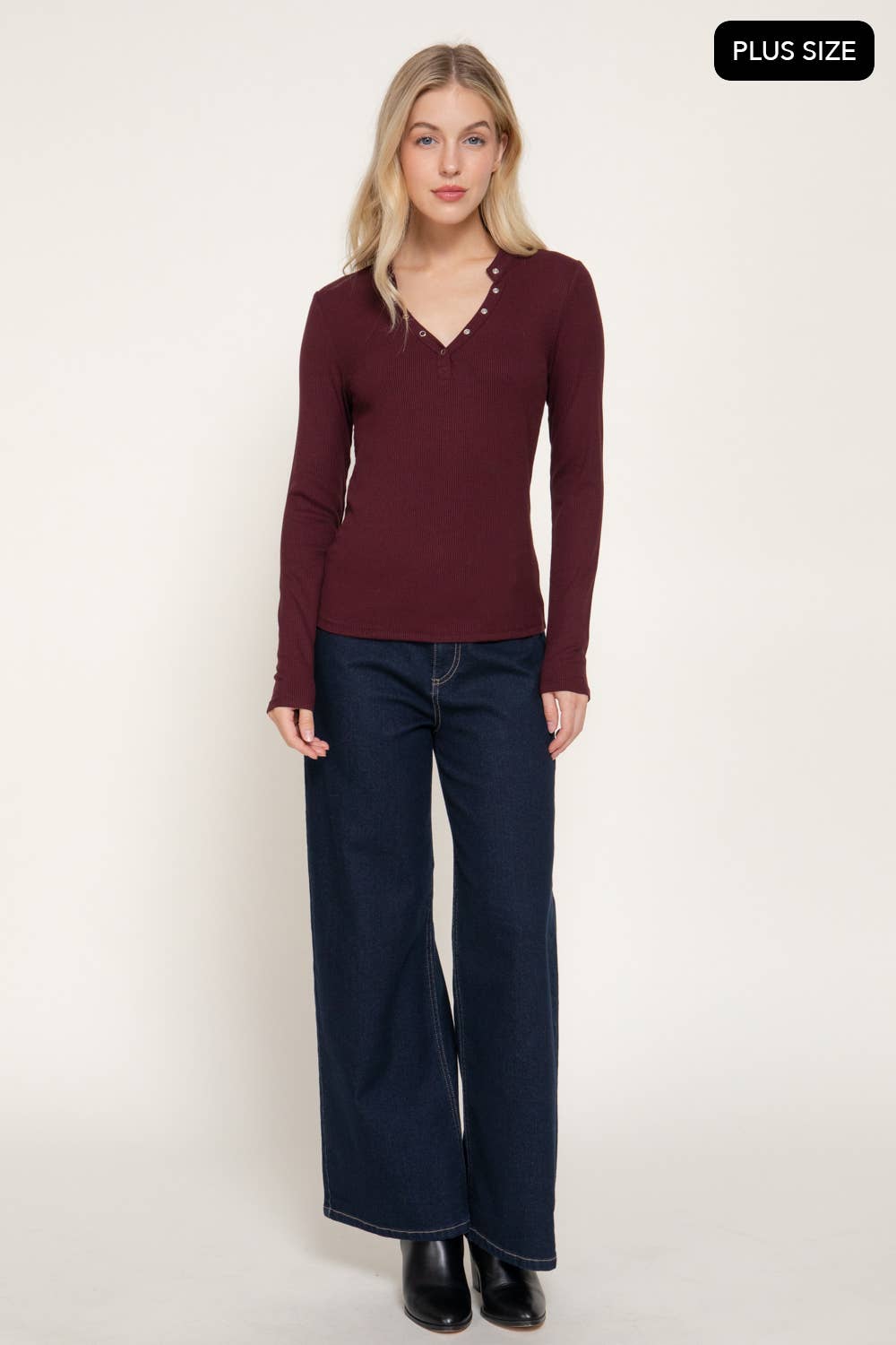 [PLUS SIZE] Long Sleeve Henley Neck Ribbed Top