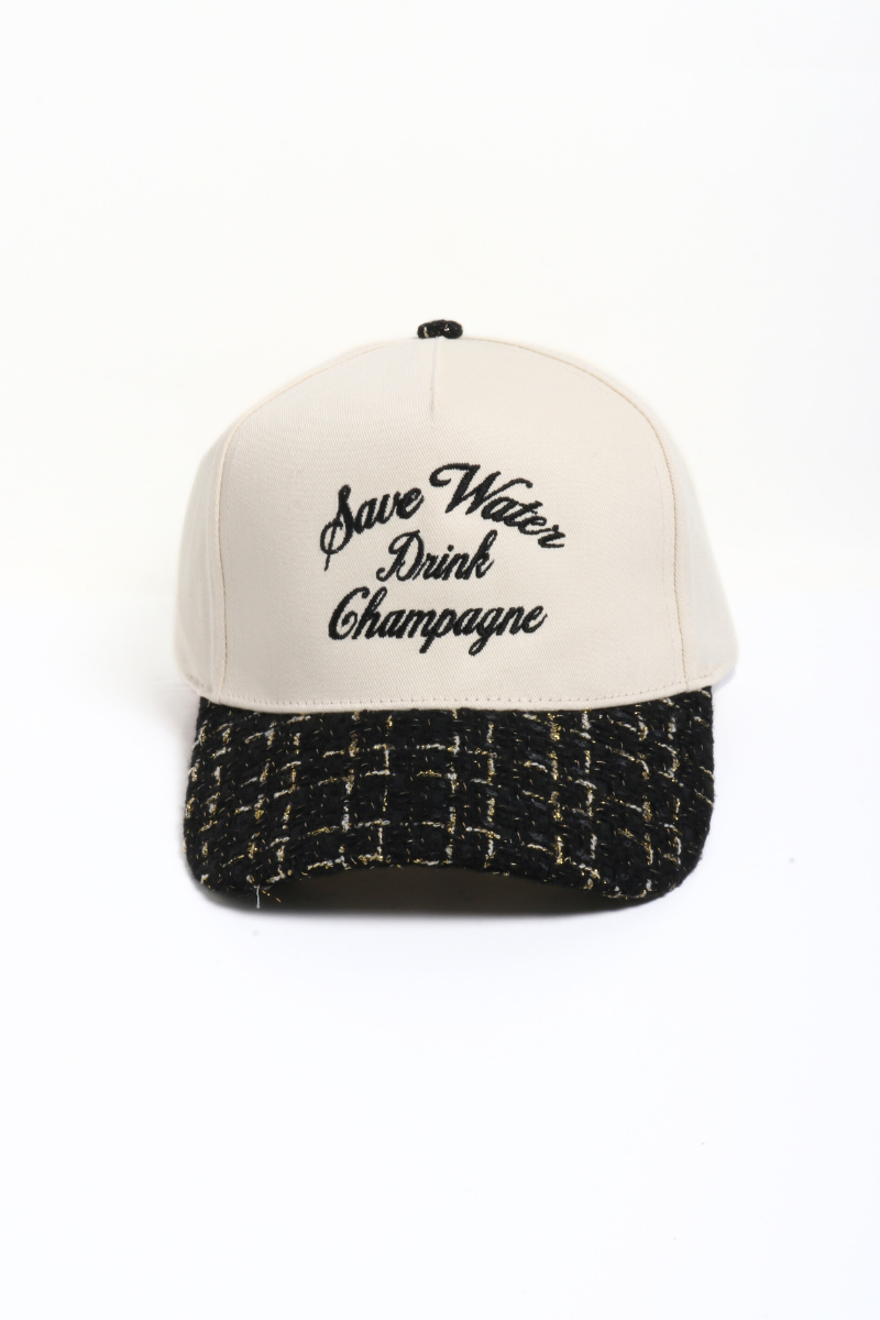 SAVE WATER DRINK CHAMPAGNE embroidered tweed brim cap