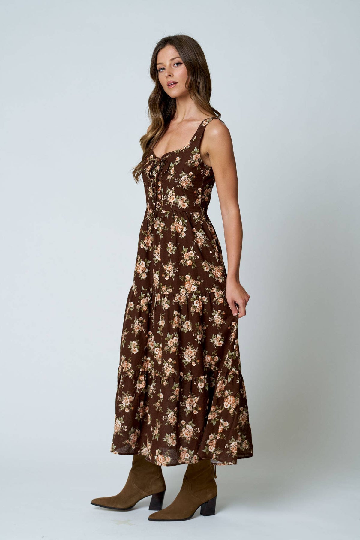 (PRE-ORDER)FLORAL FRONT LACE UP CORSET SLEEVELESS MIDI DRESS
