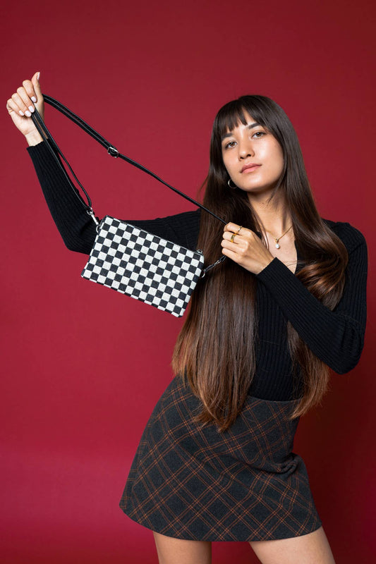 M013CHK Riley Checkered 3 Compartment Crossbody/Wristlet