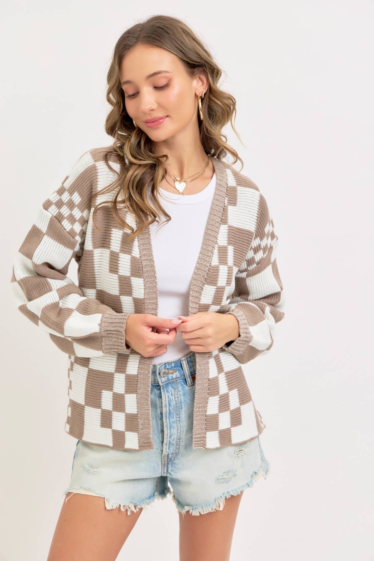 MIXED CHECKERED KNIT OPEN FRONT CARDIGAN
