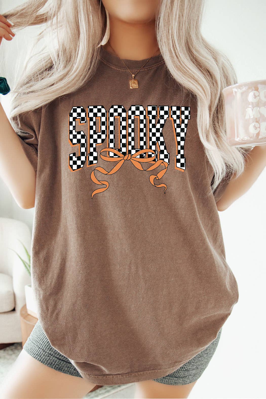 (PRE-ORDER) Spooky Checkered Bow Comfort Colors Tee