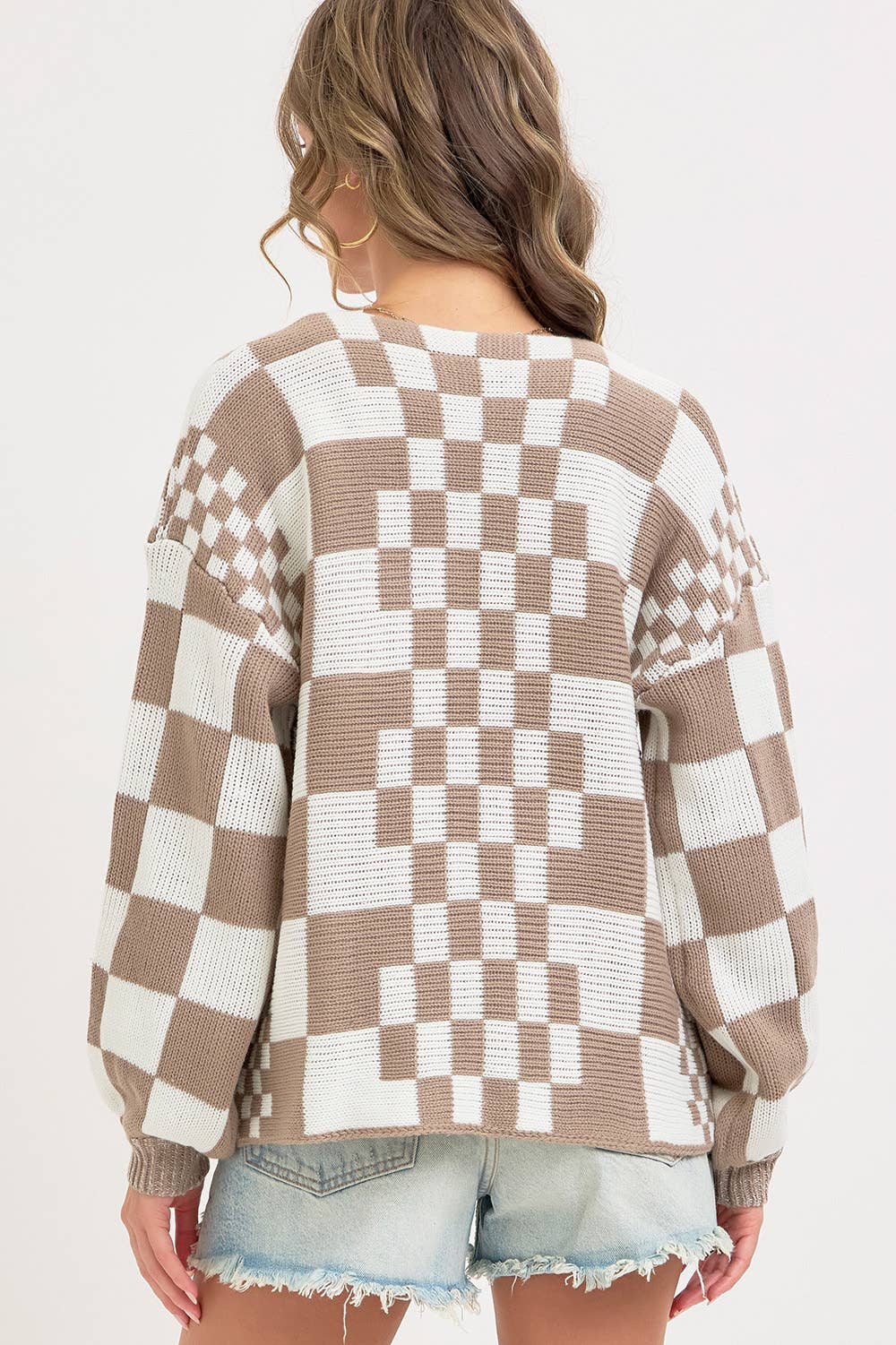 MIXED CHECKERED KNIT OPEN FRONT CARDIGAN