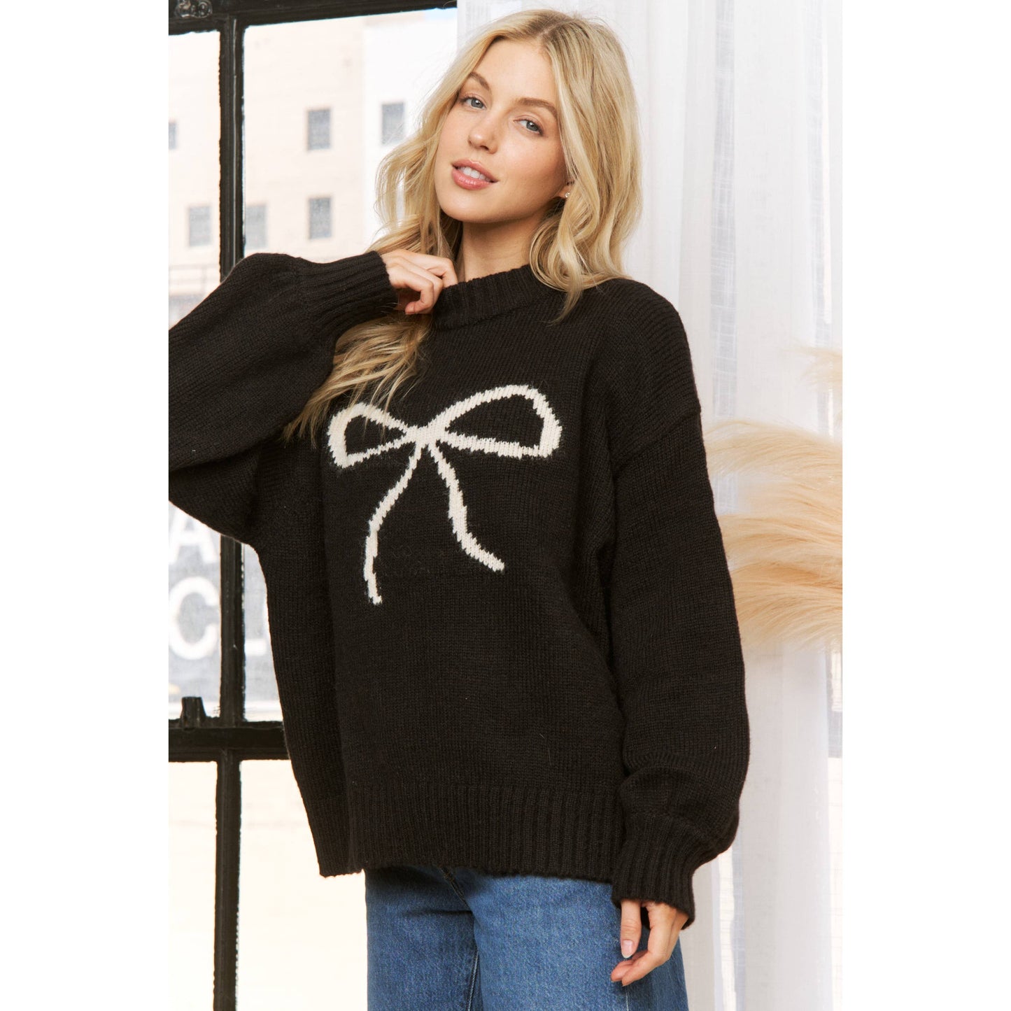 BIG BOW CONTRAST JAQUARD SWEATER PULLOVER