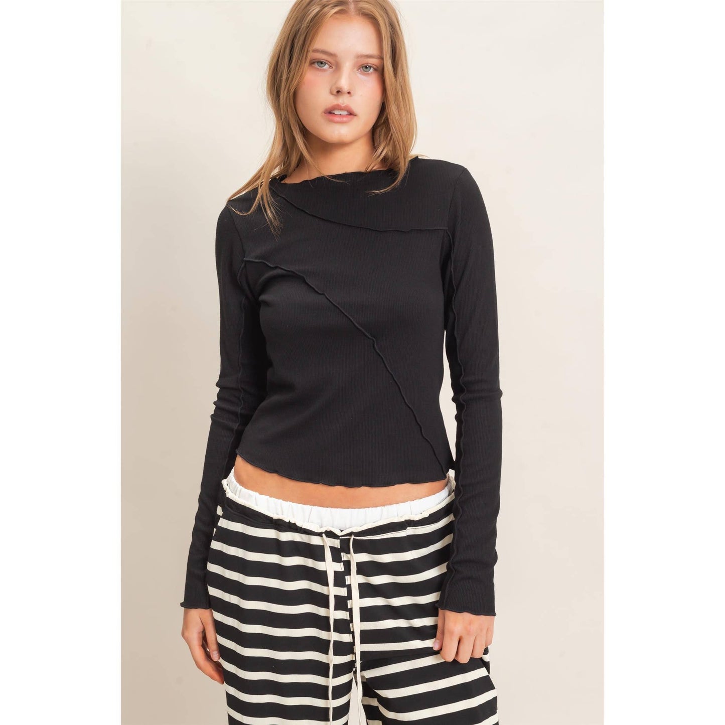 Ruffled Ribbed Long Sleeve Top