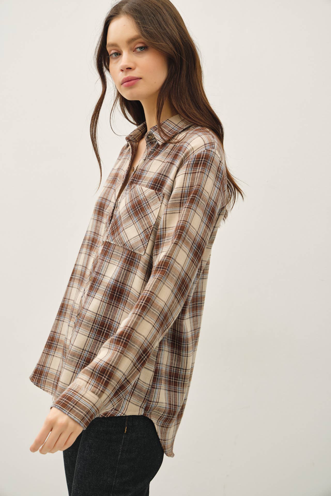 BROWNY PLAID FLANNEL BUTTON UP LONG SLEEVE SHIRT