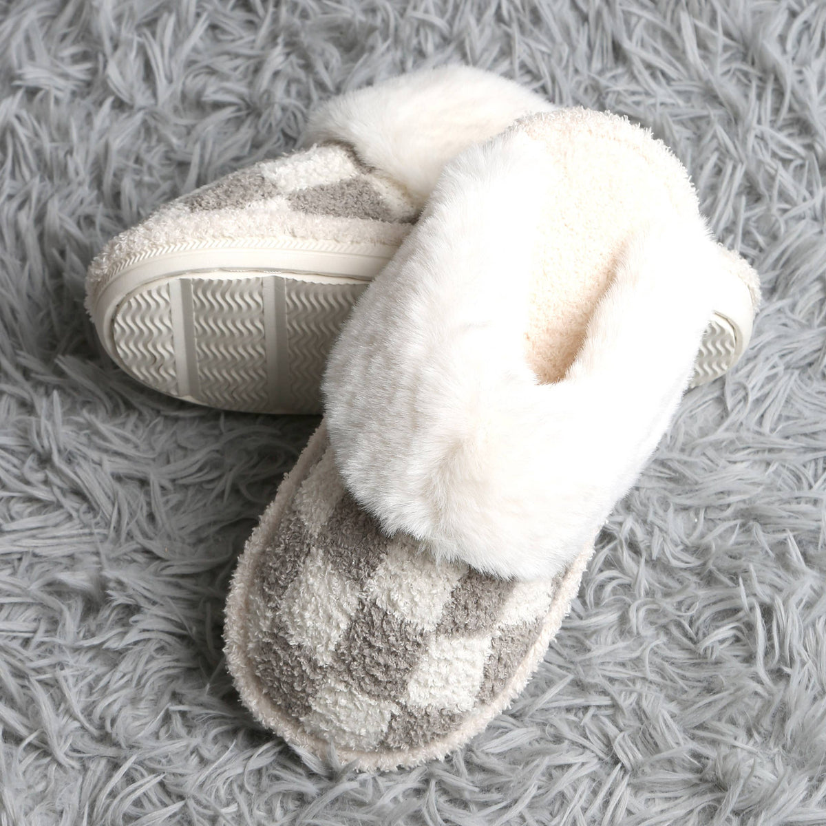Checkered Faux Fur Cuff Mule Winter Slippers