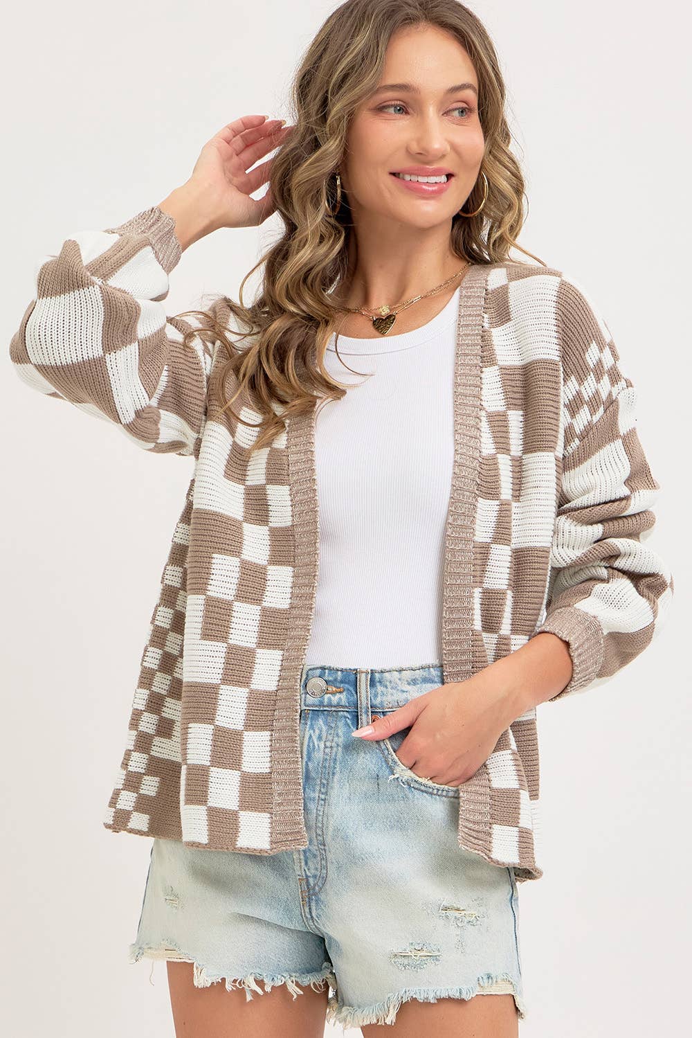 MIXED CHECKERED KNIT OPEN FRONT CARDIGAN