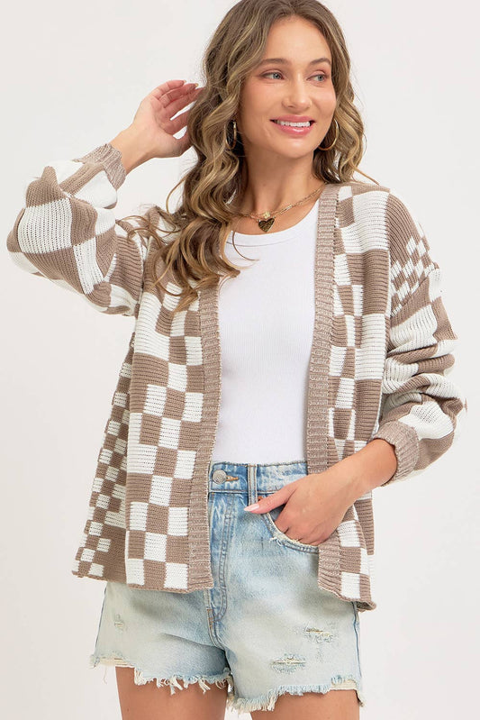 MIXED CHECKERED KNIT OPEN FRONT CARDIGAN