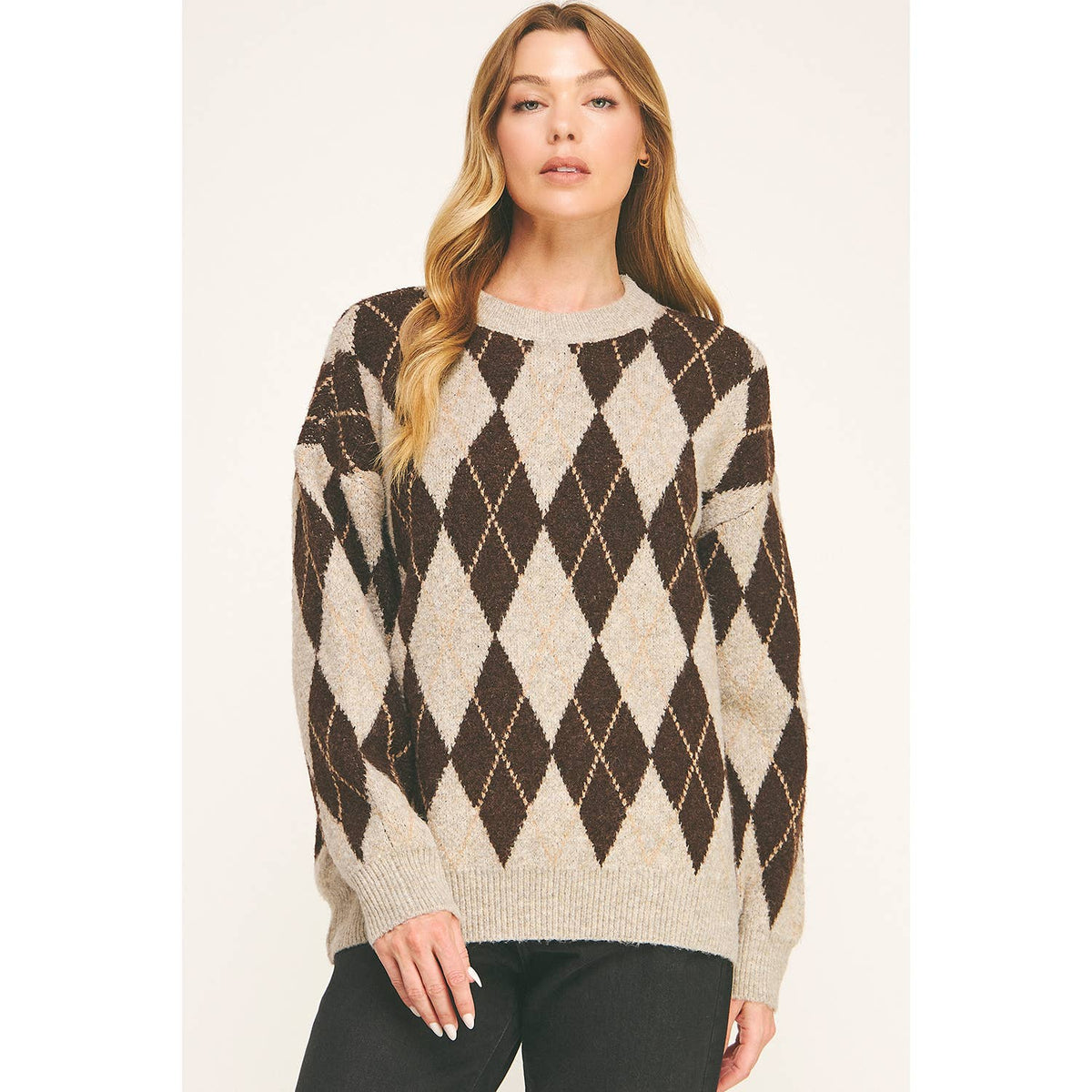 CHECKERED CREW NECK LONG SLEEVE PULLOVER SWEATER