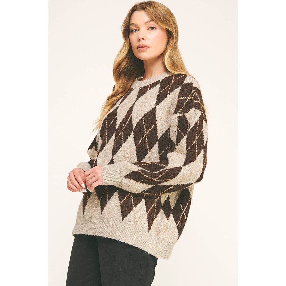 CHECKERED CREW NECK LONG SLEEVE PULLOVER SWEATER