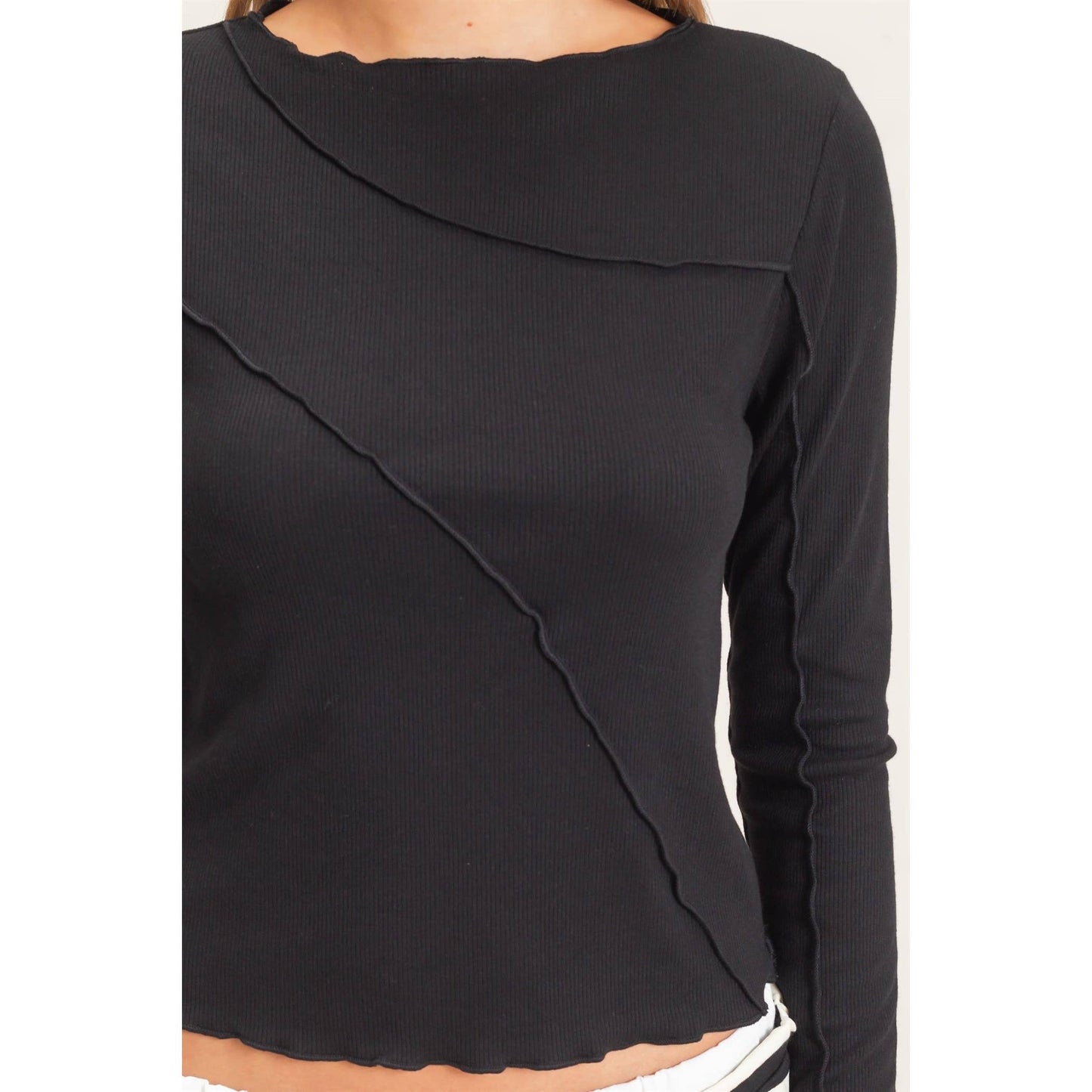 Ruffled Ribbed Long Sleeve Top