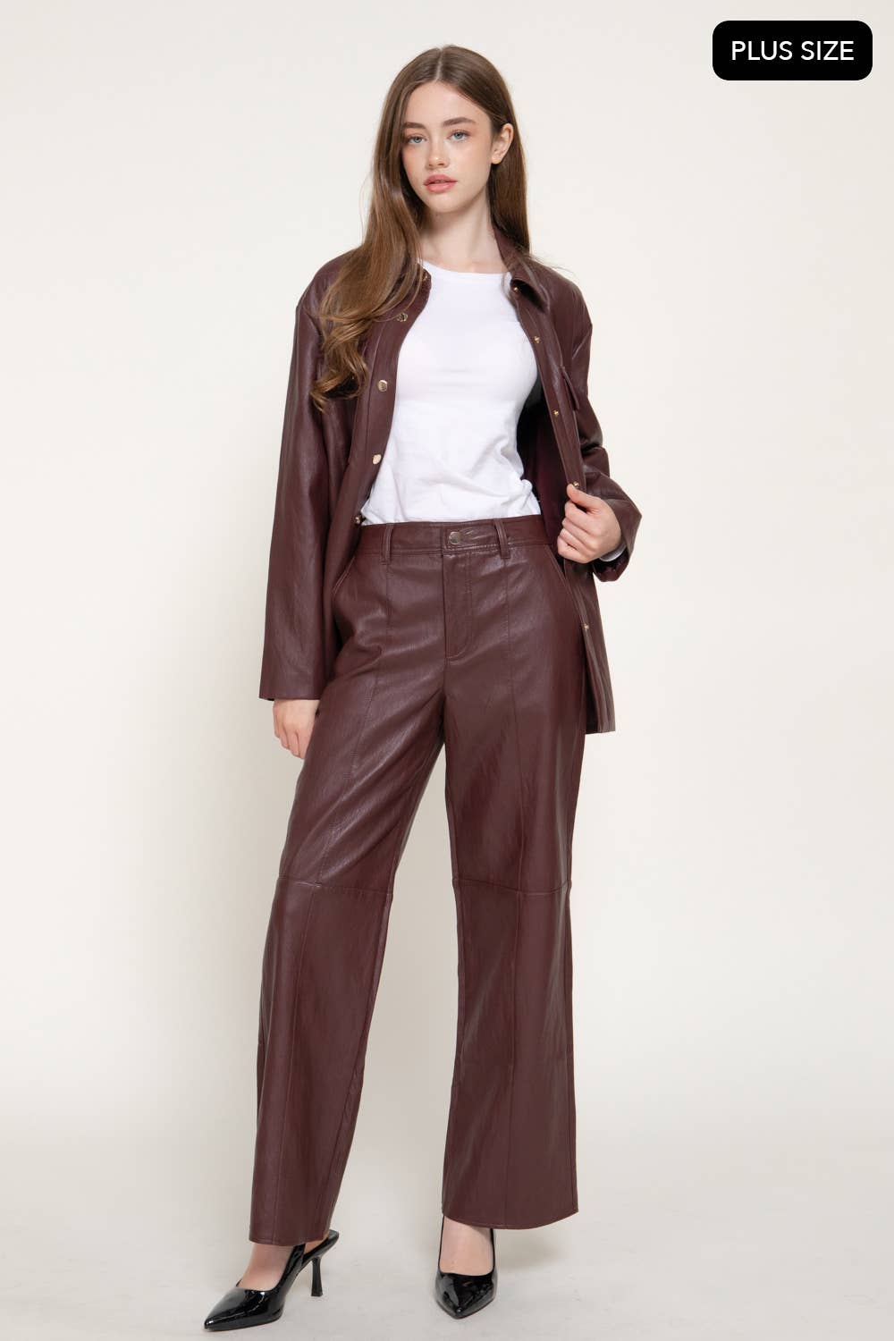 [PLUS SIZE] Straight Leg Texture Faux Leather Long Pants