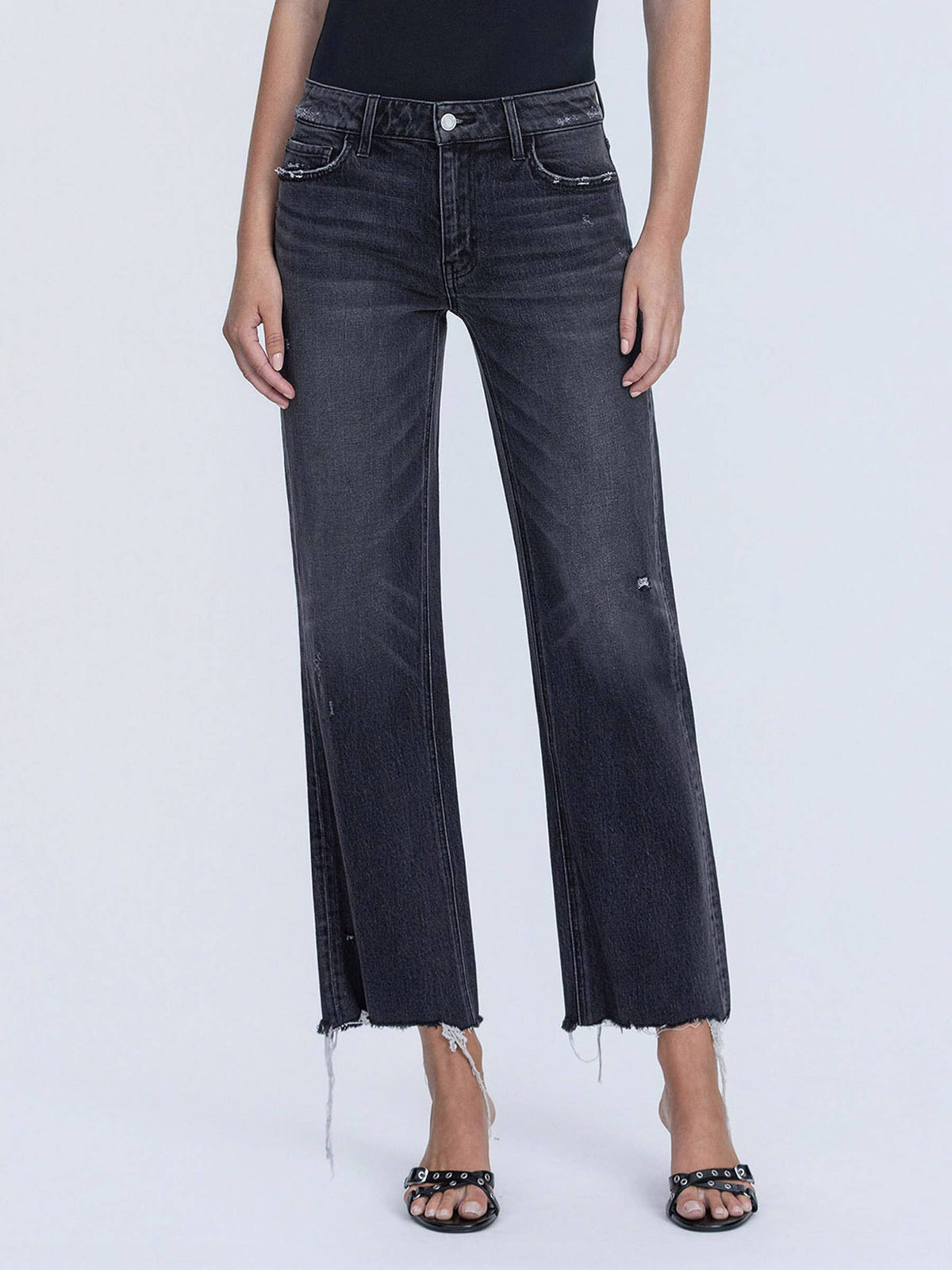 BAILEY MID RISE RAW DISTRESSED HEM BLACK SLIM WIDE JEANS T7302BK