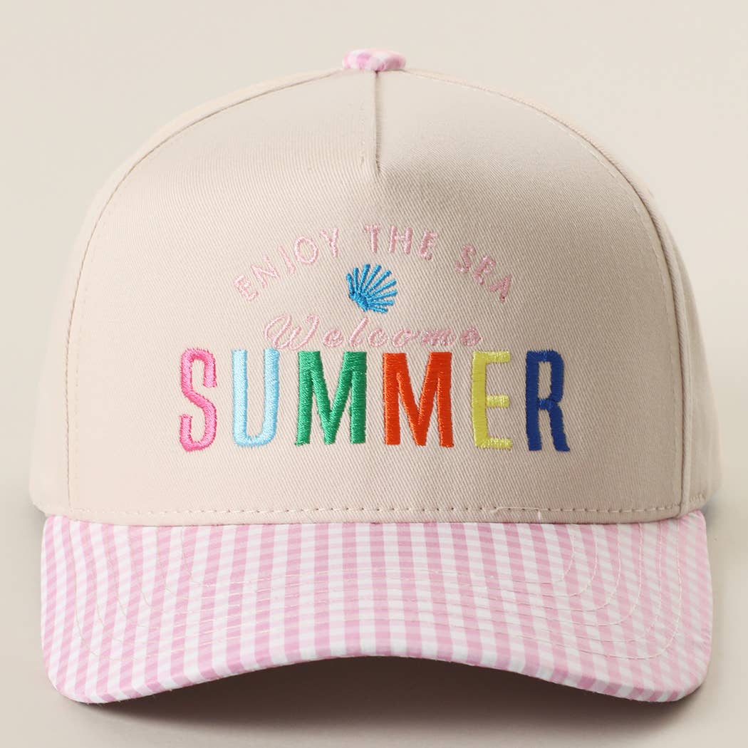 Welcome SUMMER Embroidered Gingham Trucker Hat