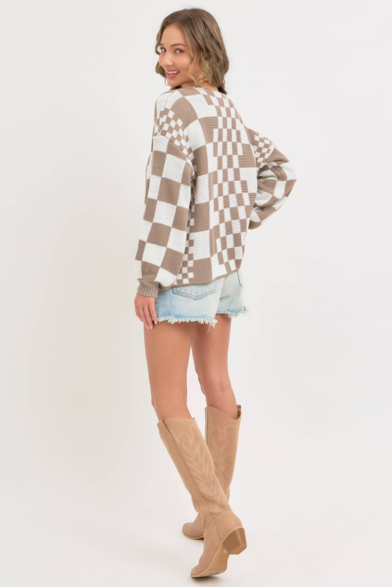MIXED CHECKERED KNIT OPEN FRONT CARDIGAN