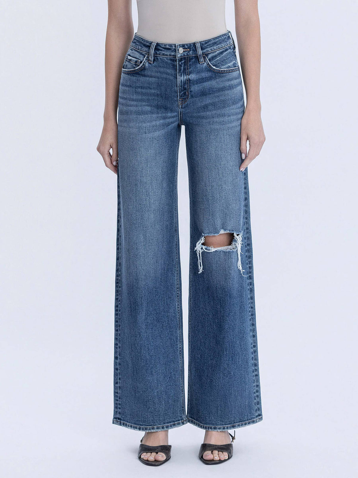 OLIVIA HIGH RISE DISTRESSED LEFT KNEE WIDE LEG JEANS T7076