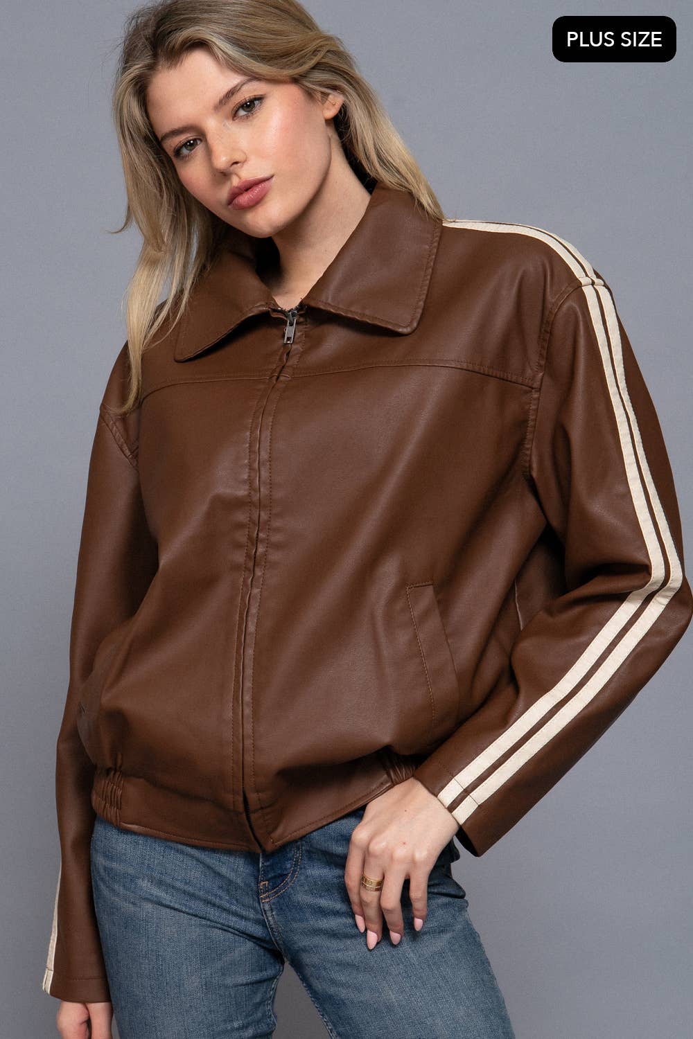 [PLUS SIZE] Long Sleeve Line Detail Faux Leather Jacket