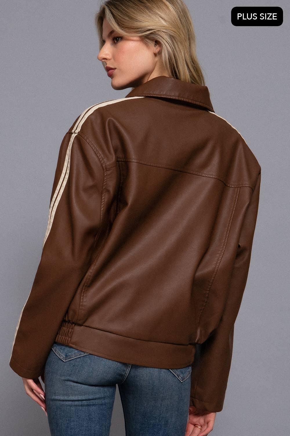 [PLUS SIZE] Long Sleeve Line Detail Faux Leather Jacket