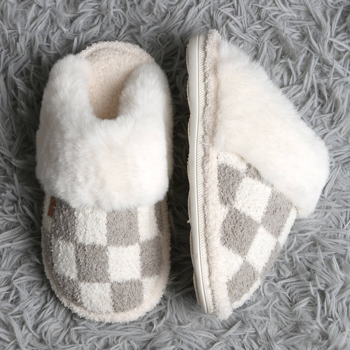 Checkered Faux Fur Cuff Mule Winter Slippers
