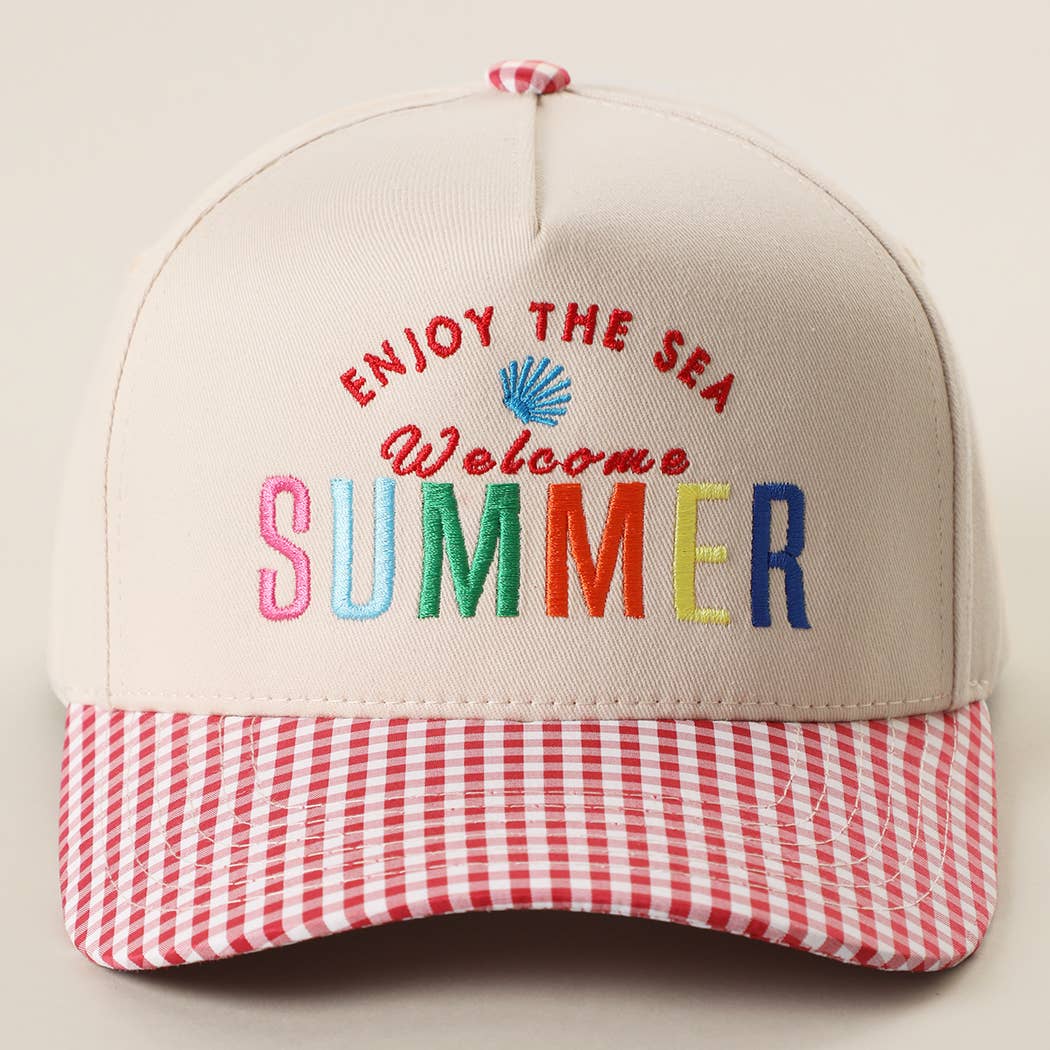 Welcome SUMMER Embroidered Gingham Trucker Hat