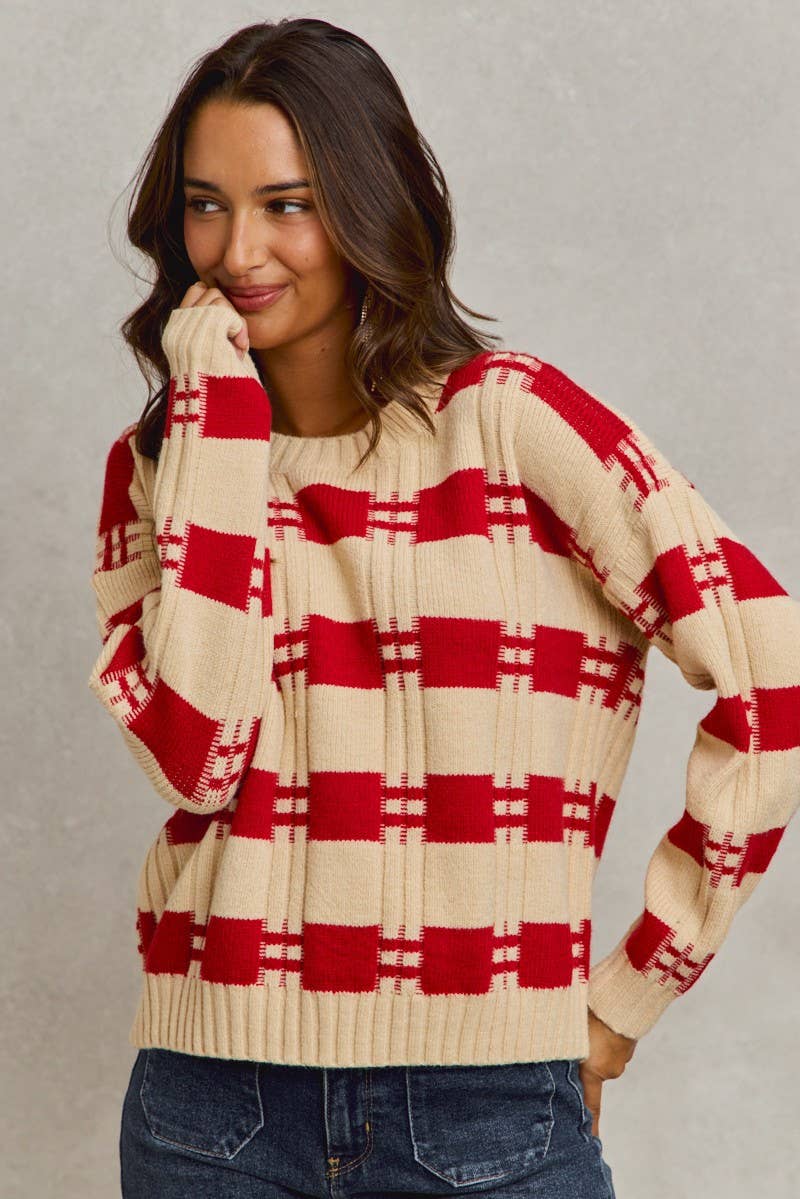 Red Stripe Crew Neck Sweater Knit Top