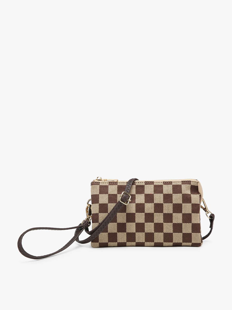 M013CHK Riley Checkered 3 Compartment Crossbody/Wristlet