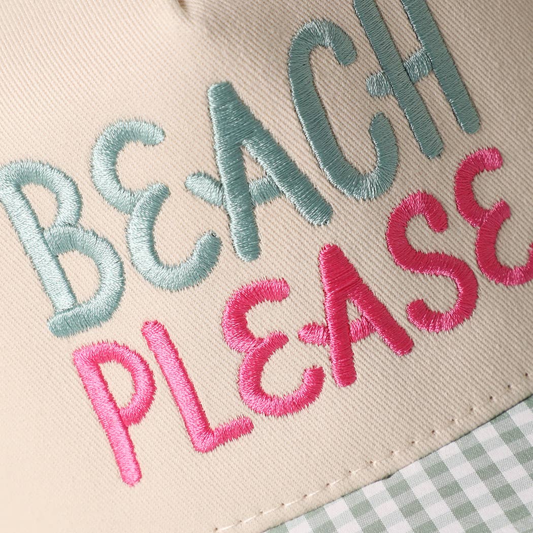 BEACH PLEASE Embroidered Gingham Brim Trucker Hat