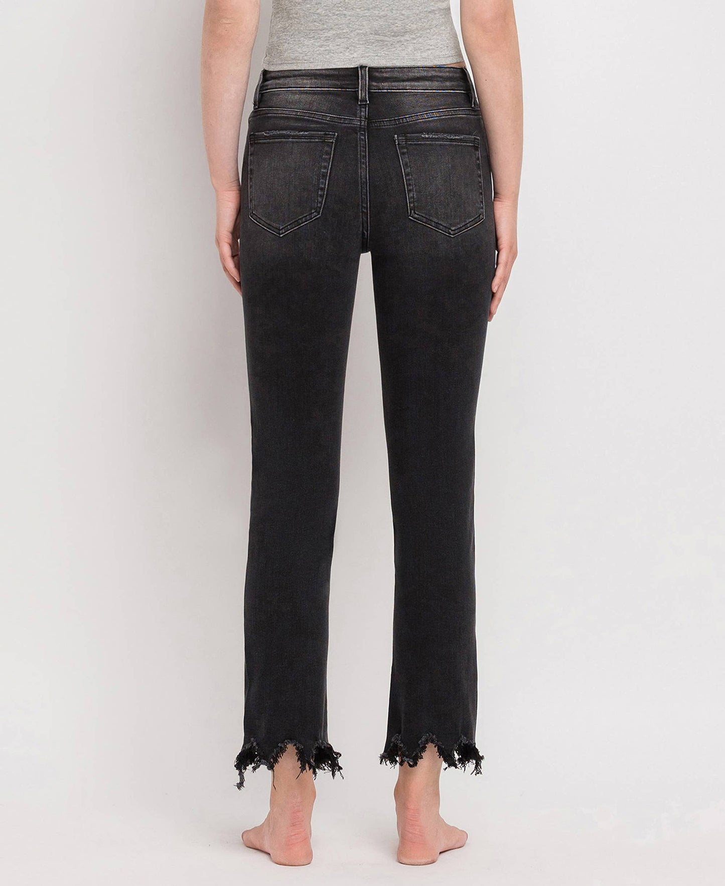 BLACK HIGH RISE DISTRESSED UNEVEN HEM SLIM STRAIGHT  JEANS