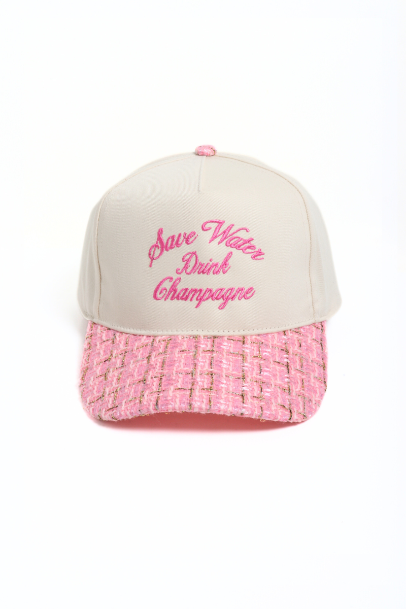 SAVE WATER DRINK CHAMPAGNE embroidered tweed brim cap