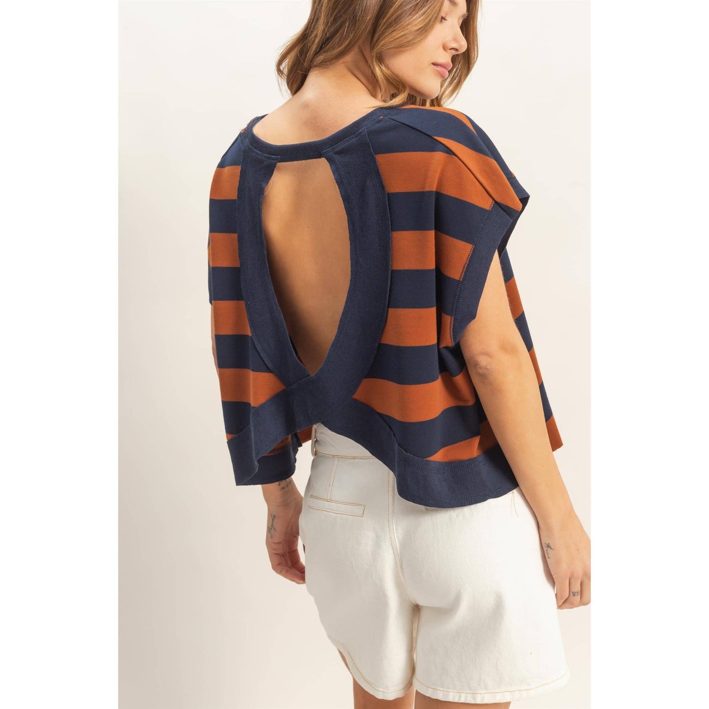 Striped open backCrew Neck Top