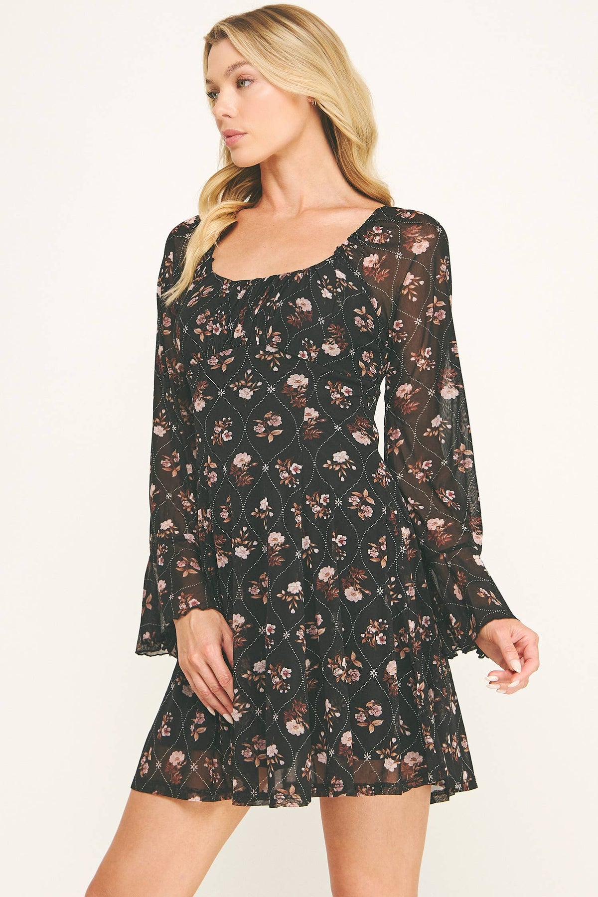 FLORAL MESH BELL SLEEVE FIT & FLARE DRESS