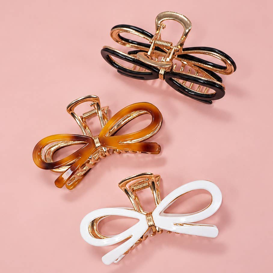 Open Ribbon Bow Gold-Tone Metal Hair Claw Clips