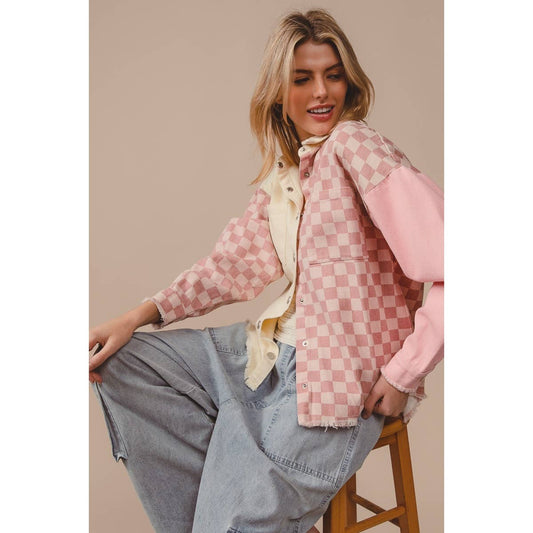 Colorblock checkered shacket